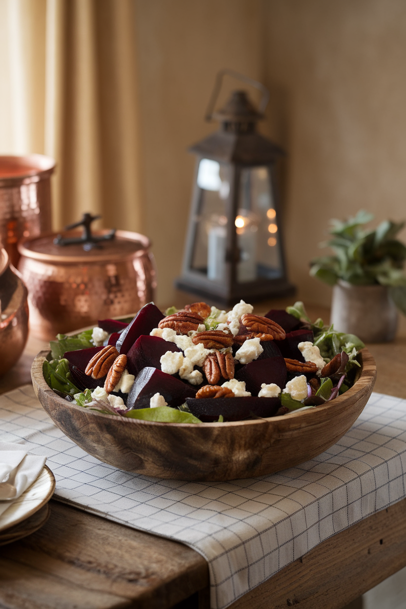 A warmly lit indoor dining table displaying a rustic wooden bowl filled with roasted beet wedges, creamy goat cheese crumbles, and glossy candied pecans over mixed greens. No logos or text in frame. Photo, not illustration.