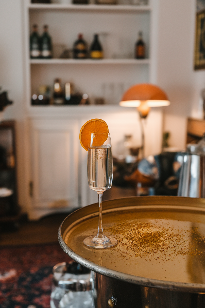 An indoor cozy living-room bar showing a flute with a thin orange wheel speckled with ground cardamom resting on Champagne surface. Photo, not illustration. No text or logos.