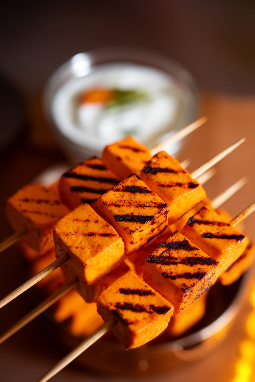 Indoor photo of skewered cubes of orange-tinted paneer with grill marks, yogurt raita in background. No text or logos.