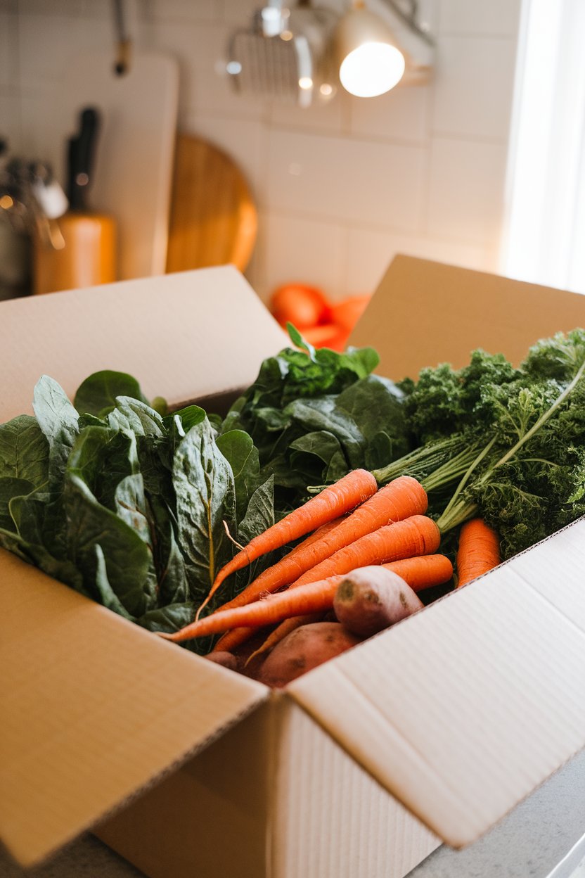 Photo of an open cardboard produce box on a kitchen counter filled with leafy greens, carrots, and sweet potatoes. Indoor daylight, no text or logos.