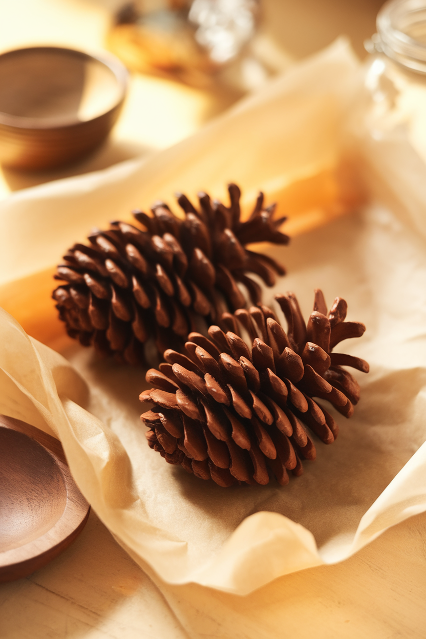 A warmly lit indoor scene featuring two chocolate pinecones resting on parchment, no text or logos
