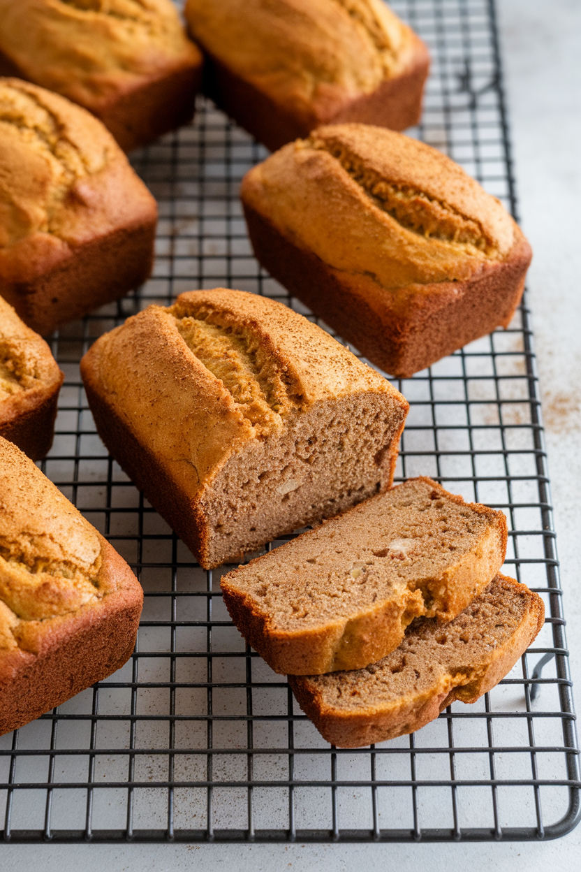 A wire rack indoors cooling several mini banana loaves flecked with nutmeg, one sliced to show moist crumb. No text or logos. Photo, not illustration.