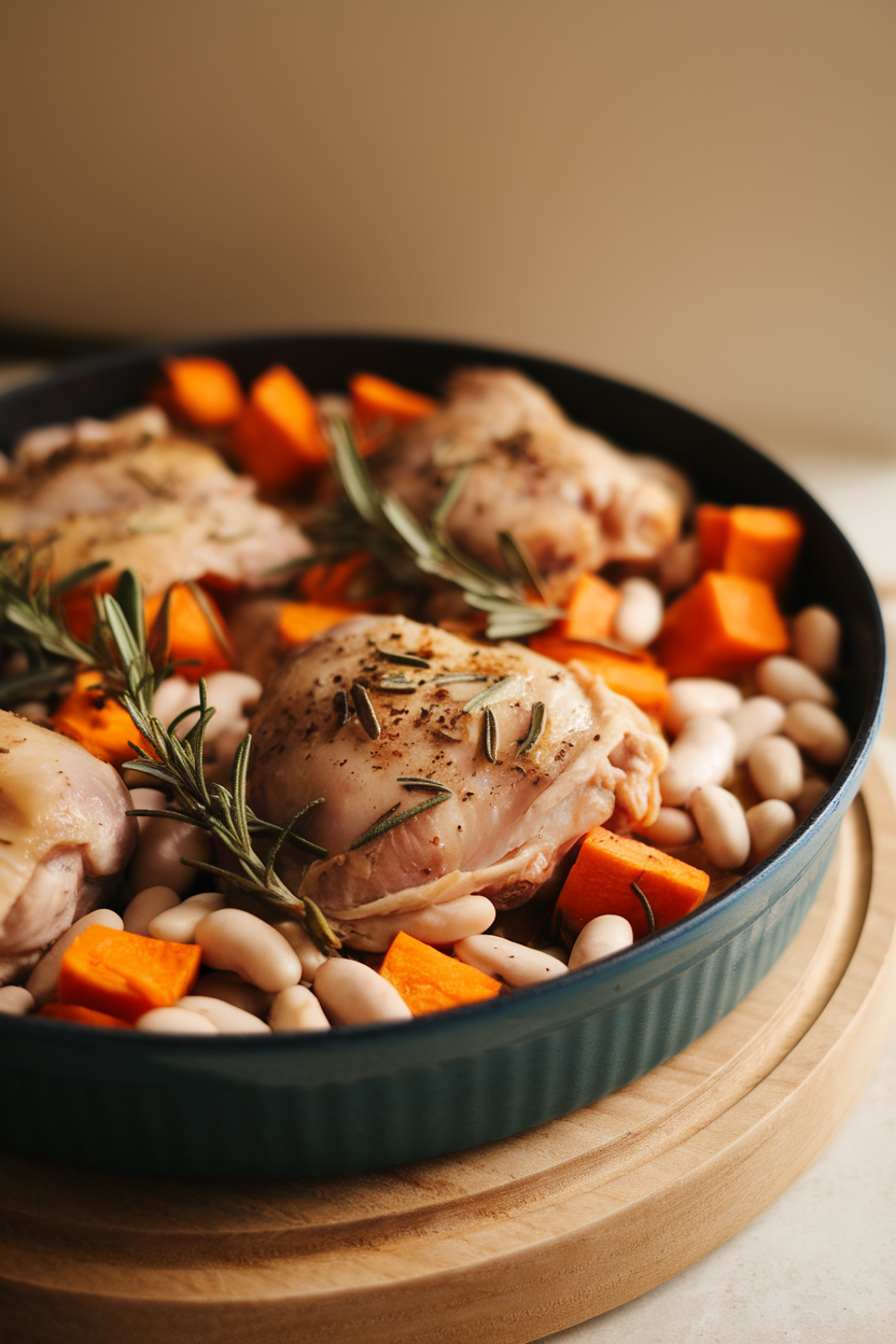 Warm indoor photo of a casserole containing bone-in chicken thighs, white beans, and sweet potato chunks scattered with fresh rosemary. No text or logos.