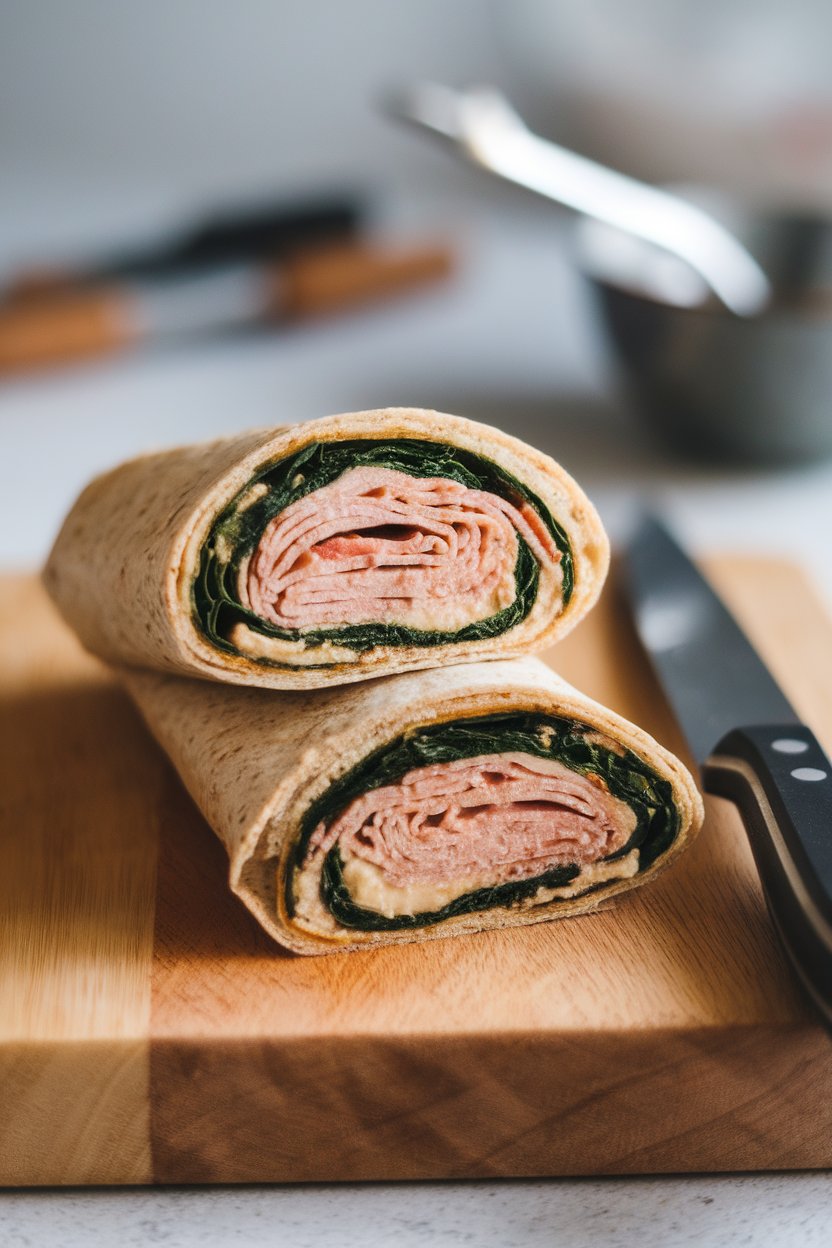 An indoor cutting board displaying a whole-grain wrap cut in half, showing turkey, hummus, and spinach layers. Photo, no text or logos.