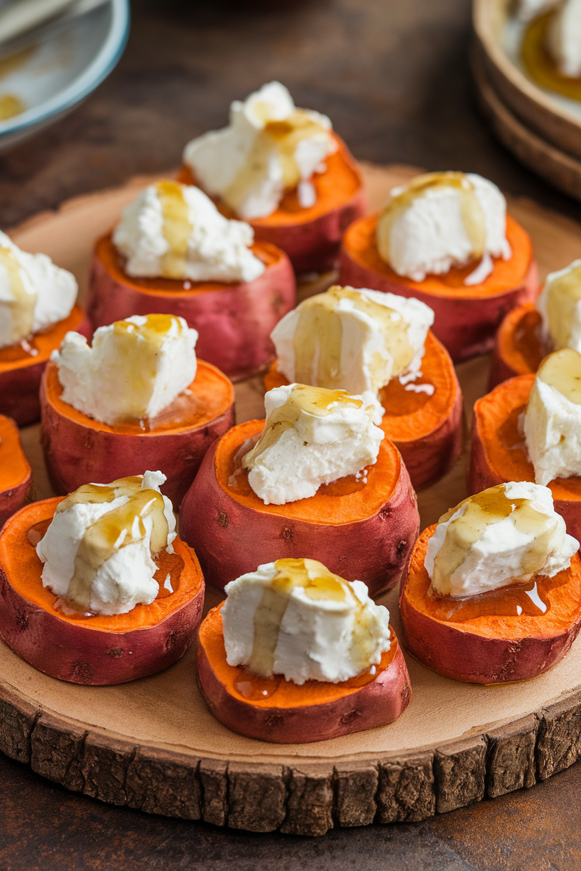 Photo of an indoor platter lined with roasted sweet potato rounds topped with piped goat cheese and a drizzle of honey. No text or logos shown.