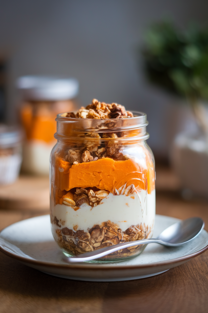 An indoor tabletop featuring a mason jar layered with mashed cinnamon sweet potato, Greek yogurt, and granola. Photo, no text or logos.