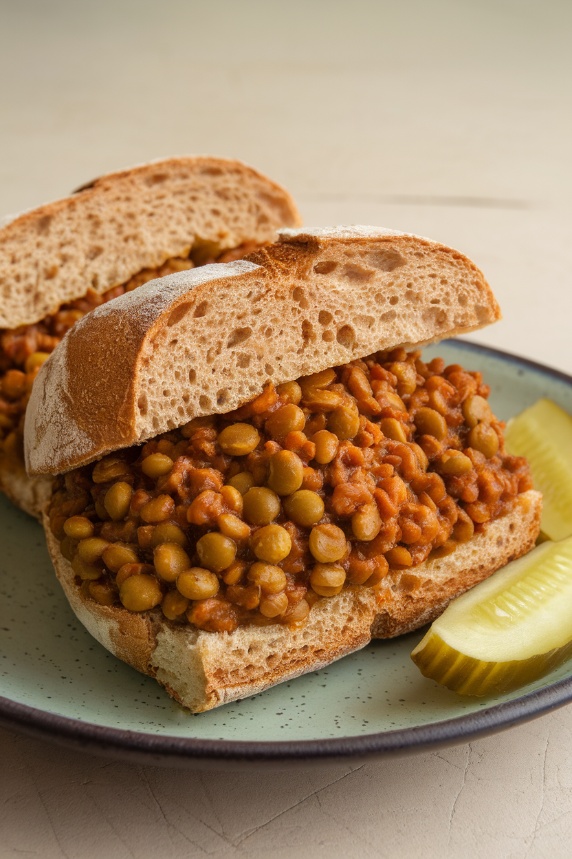 Whole-grain bun filled with saucy lentil mixture, pickles on side, indoor plate, no text or logos.