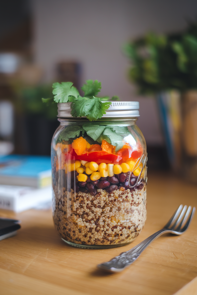 A mason jar layered with colorful quinoa salad—black beans, corn, diced peppers, cilantro—sitting on an indoor desk next to a fork. No text or logos.