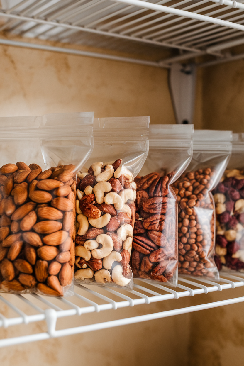 Five small zip-style bags each containing one ounce of mixed nuts lined up on a pantry shelf indoors. No branding present.