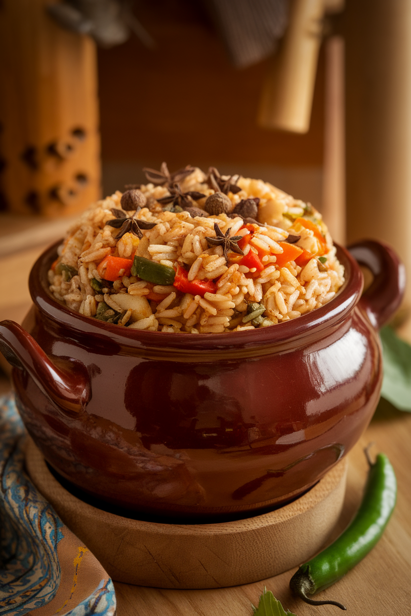Photo prompt: A deep ceramic pot of brown rice biryani layered with mixed vegetables and fragrant whole spices, indoors under warm light. No text or logos anywhere.