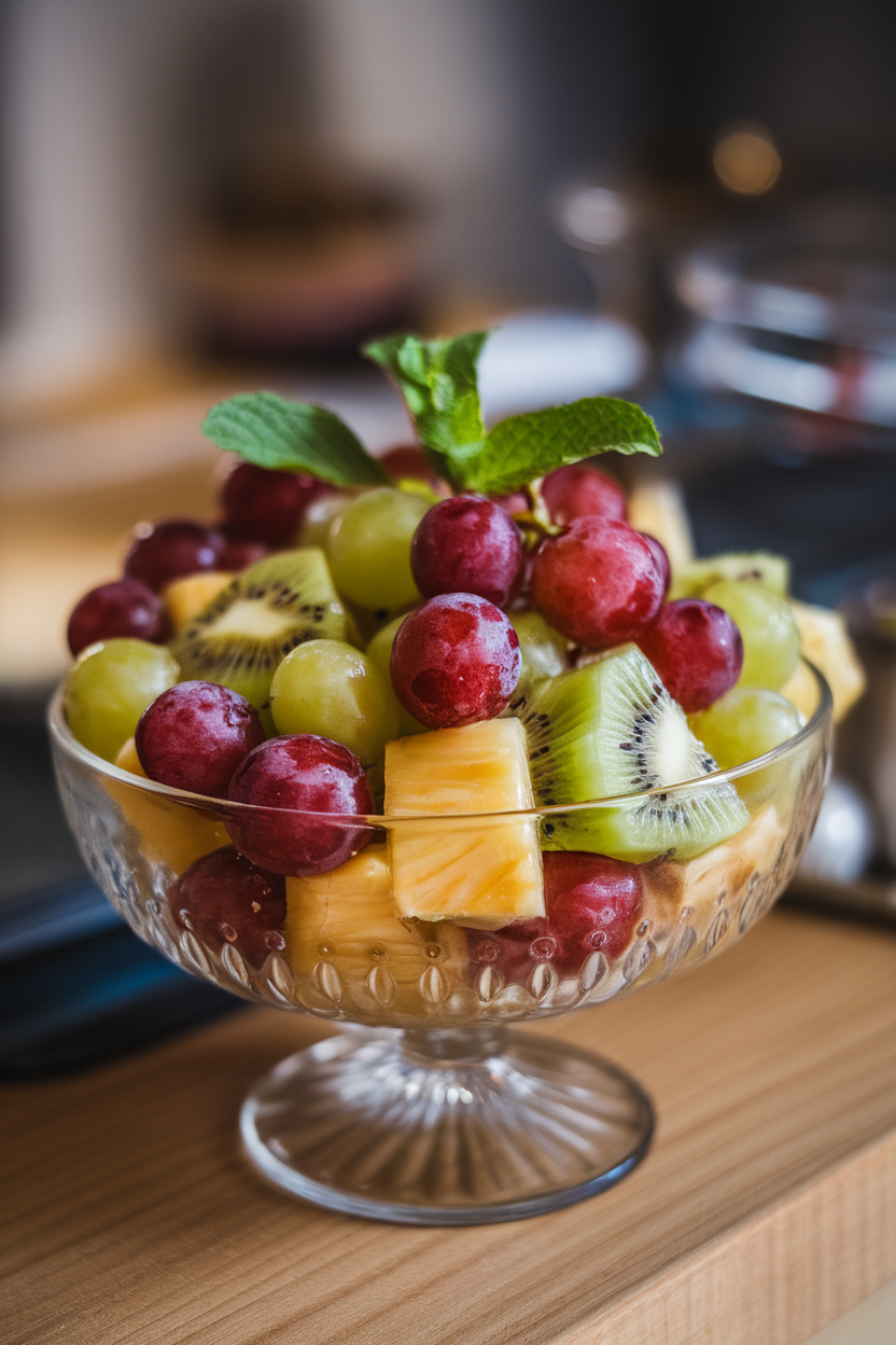 A glass bowl indoors of mixed red and green grapes, kiwi, and pineapple chunks lightly glazed, mint leaves on top. Photo, no text or logos.