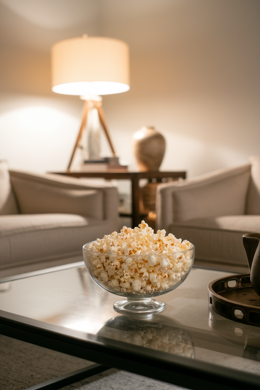 Indoor living room coffee table with a glass bowl of plain air-popped popcorn, soft lamp lighting—photo.