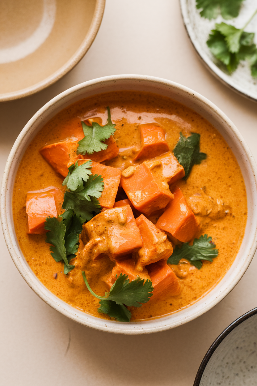 An indoor bowl featuring orange sweet potato chunks coated in a creamy peanut-curry sauce, cilantro garnish. No text or logos. Photo only.