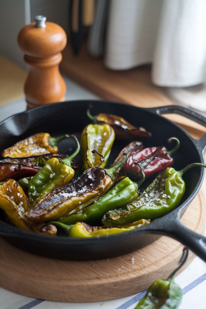 Indoor cast-iron skillet filled with blistered shishito peppers sprinkled with coarse salt. Photo only, no logos.