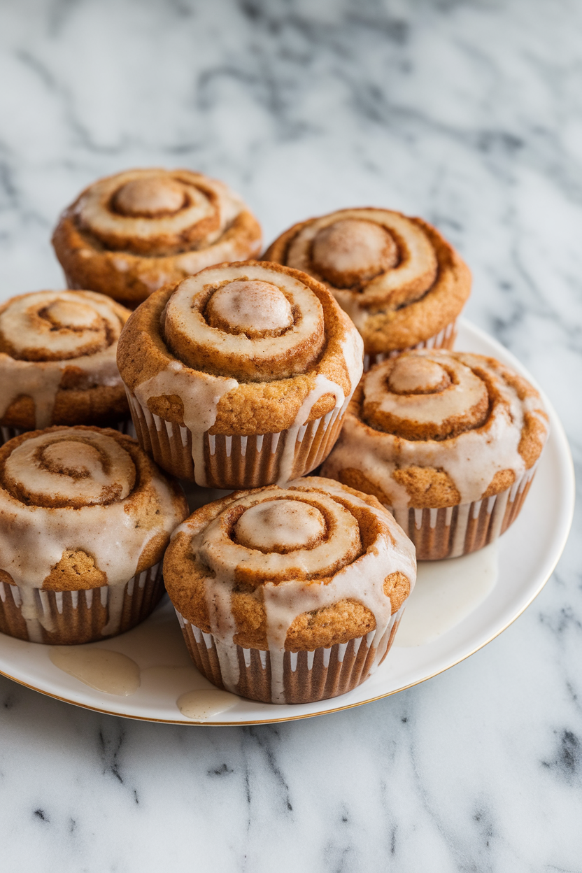 Indoor photo of cinnamon swirl muffins with light oat glaze, set on a marble surface, no text or logos