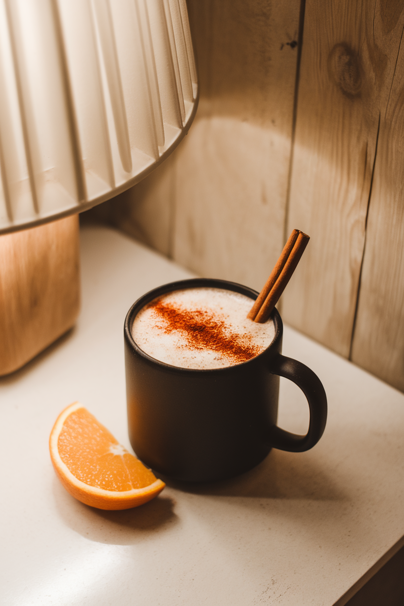 Indoor cozy corner with a matte black mug of hot cocoa, light sprinkling of chili powder on foam, cinnamon stick stirring. Photo, no text or logos.