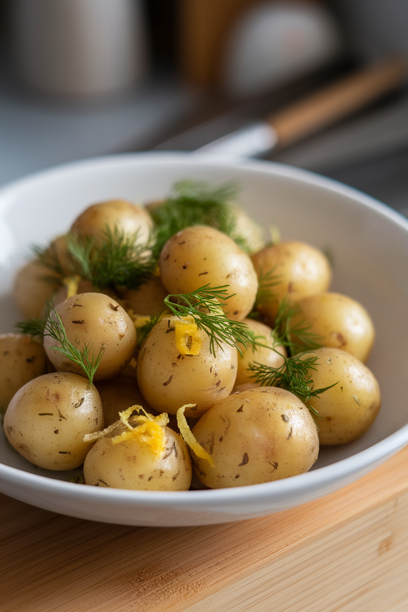 Indoor photo of small new potatoes tossed with fresh dill and lemon zest in a white serving bowl. No text or logos.