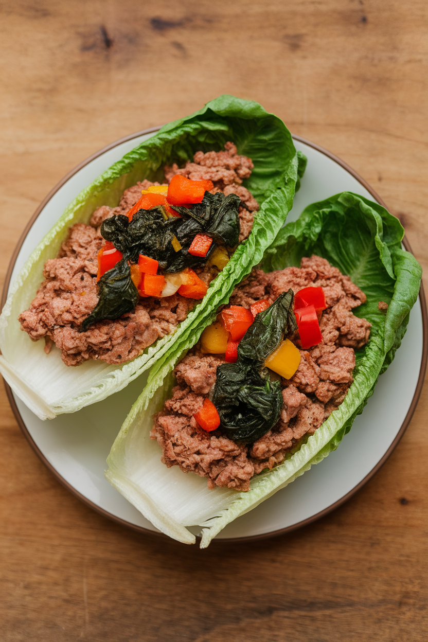 Indoor plate with romaine leaves filled with ground turkey, sautéed spinach, and diced bell peppers; no text or logos, photo style.