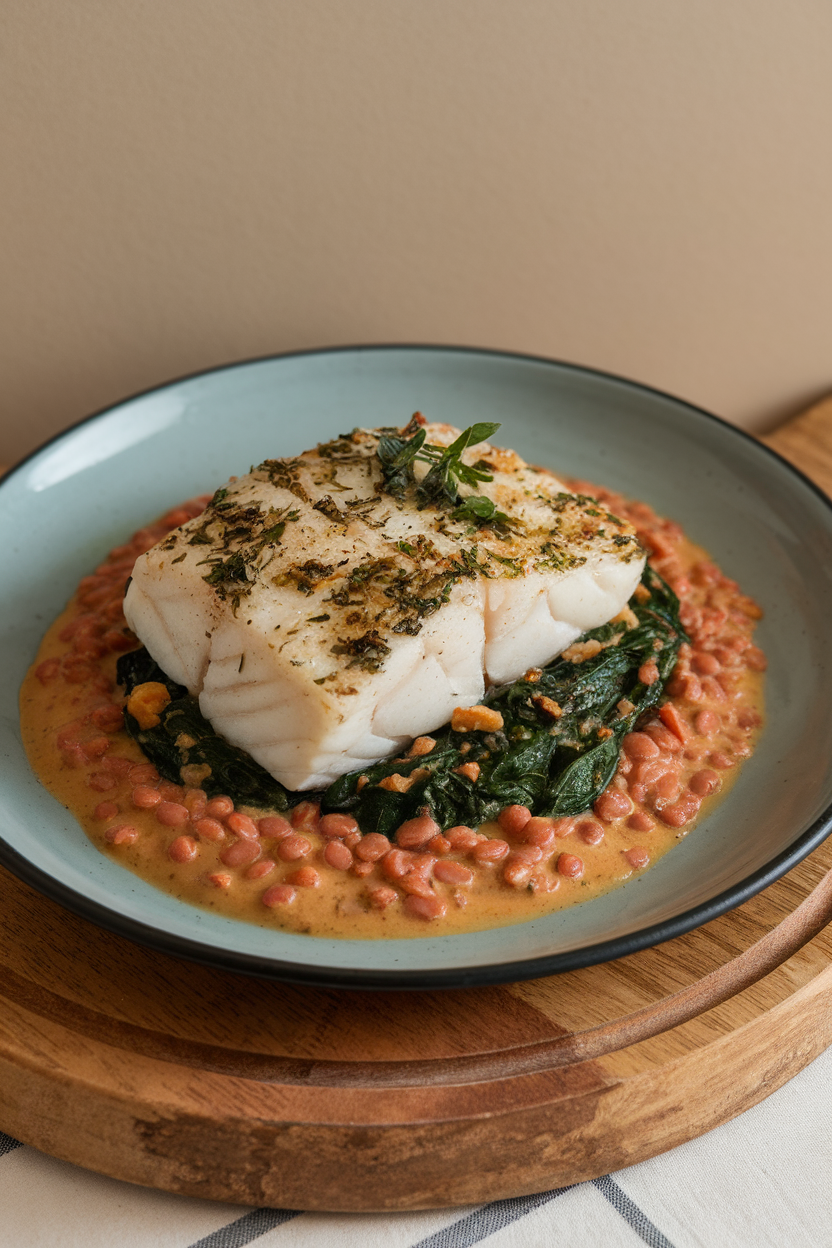 Indoor photo of herb-topped cod fillet, creamy red lentils, and garlicky spinach on a plate. No text or logos.
