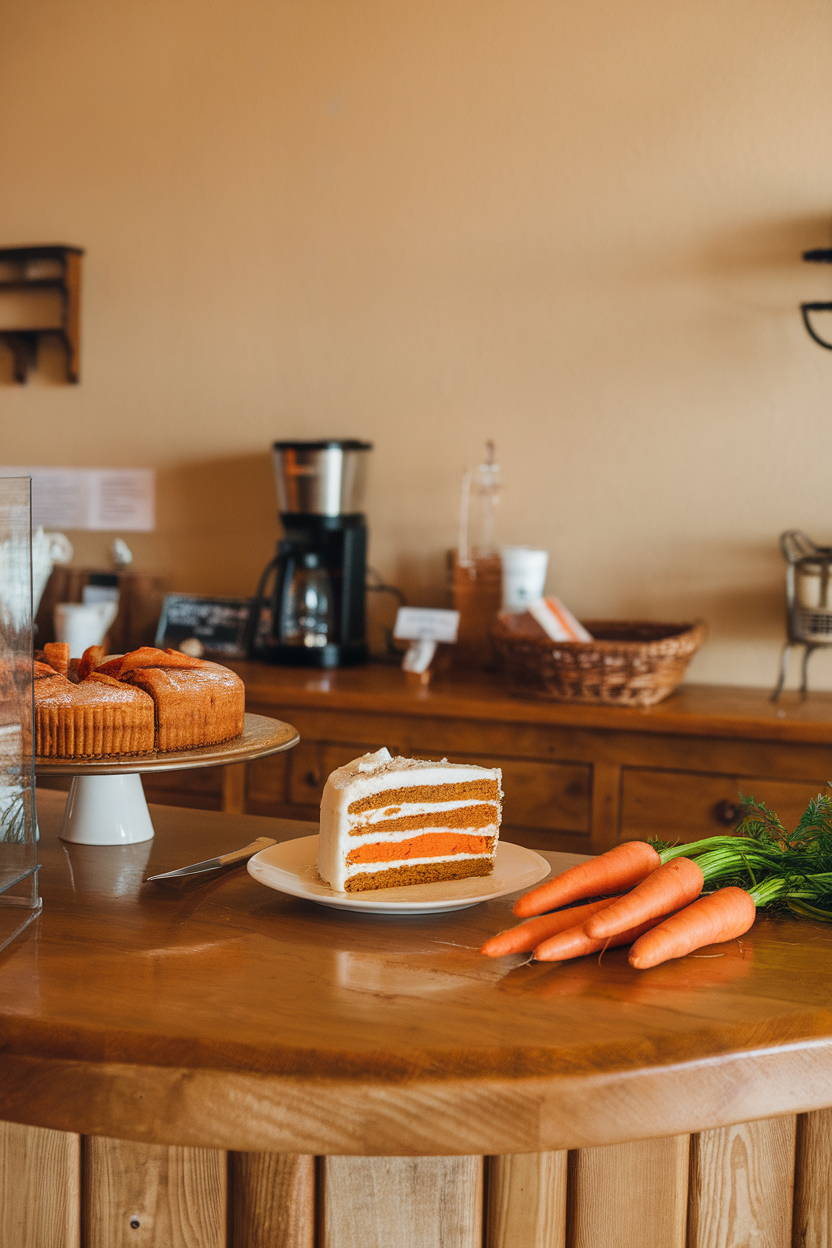 Indoor bakery counter with a slice of carrot cake beside raw carrots for humor, no text or logos. Photo.