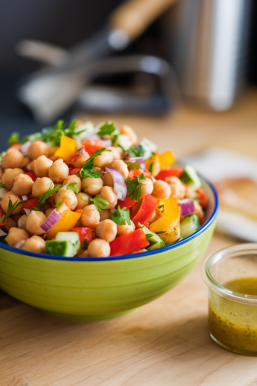 Photo of an indoor kitchen setting with a bright bowl of chickpeas tossed with diced bell peppers, cucumbers, red onion, and parsley, all drizzled with vinaigrette. No text or logos.