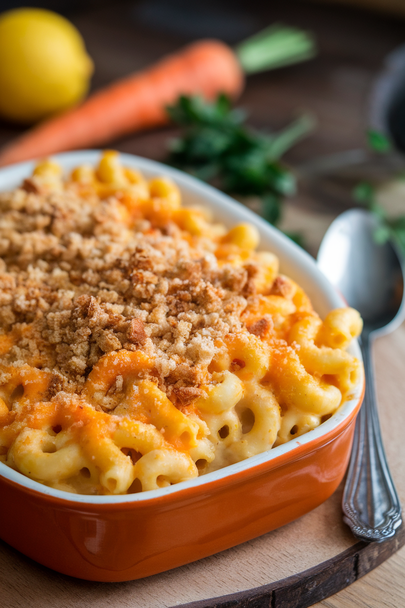 An indoor casserole dish of creamy orange mac and cheese topped with a sprinkle of whole-wheat breadcrumbs; no text or logos, photo not illustration.