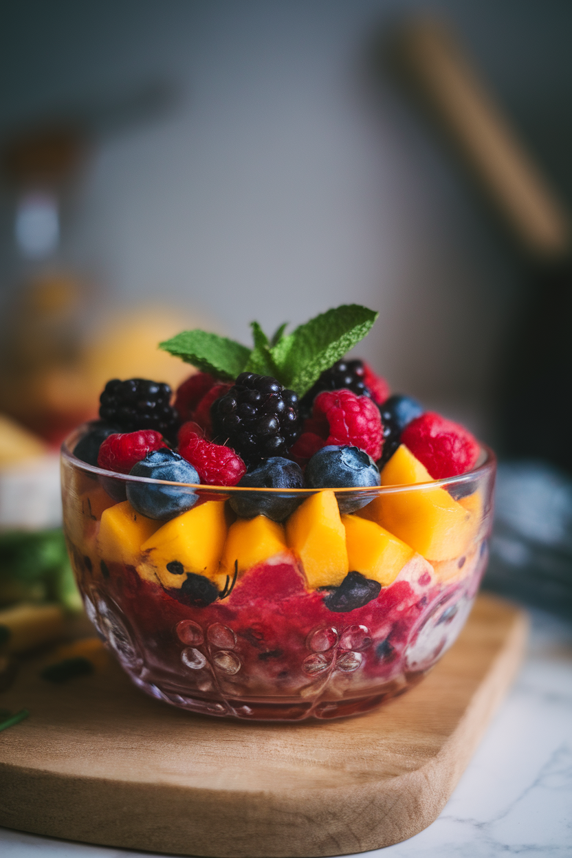 Close-up indoor shot of a vibrant fruit salad—berries, mango, and mint—in a clear glass bowl, softly lit, no text or logos. Photo.