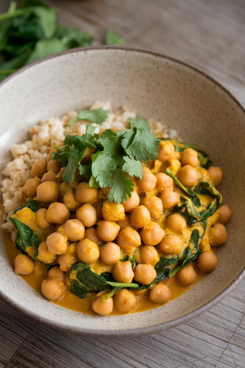 A shallow indoor bowl with chickpeas simmered in golden curry sauce, fresh spinach folded in, served over a small scoop of cauliflower rice. No text or logos.