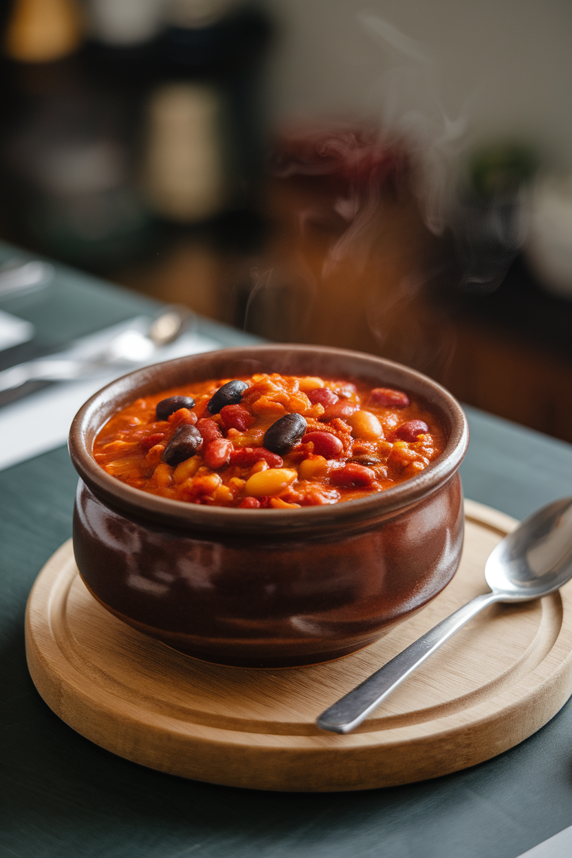 Photo of a ceramic bowl filled with thick, tomato-based chili dotted with kidney, black, and pinto beans on an indoor dining table; steam visible. No text or logos. Photo, not illustration.