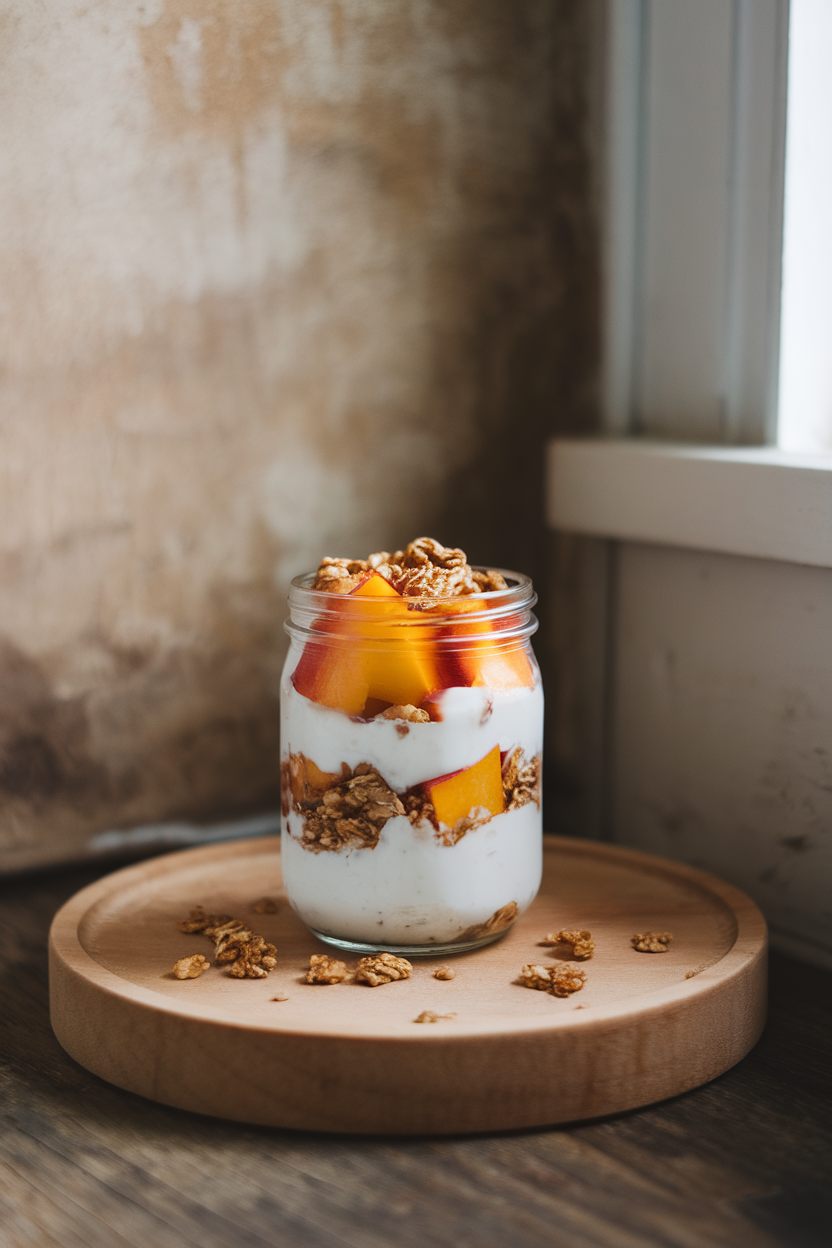 An indoor breakfast nook featuring a small mason jar layered with thick Greek yogurt, diced peaches, and a sprinkle of granola, photographed from a slight overhead angle. No logos or text visible.