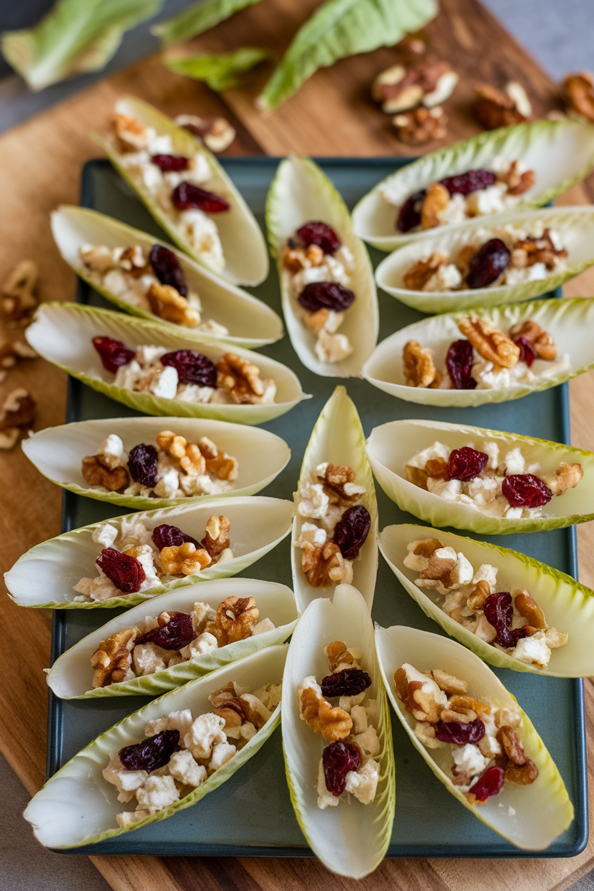 Indoor photo of crisp endive leaves filled with crumbled Stilton, walnuts, and dried cranberries on a rectangular platter. No text or logos.