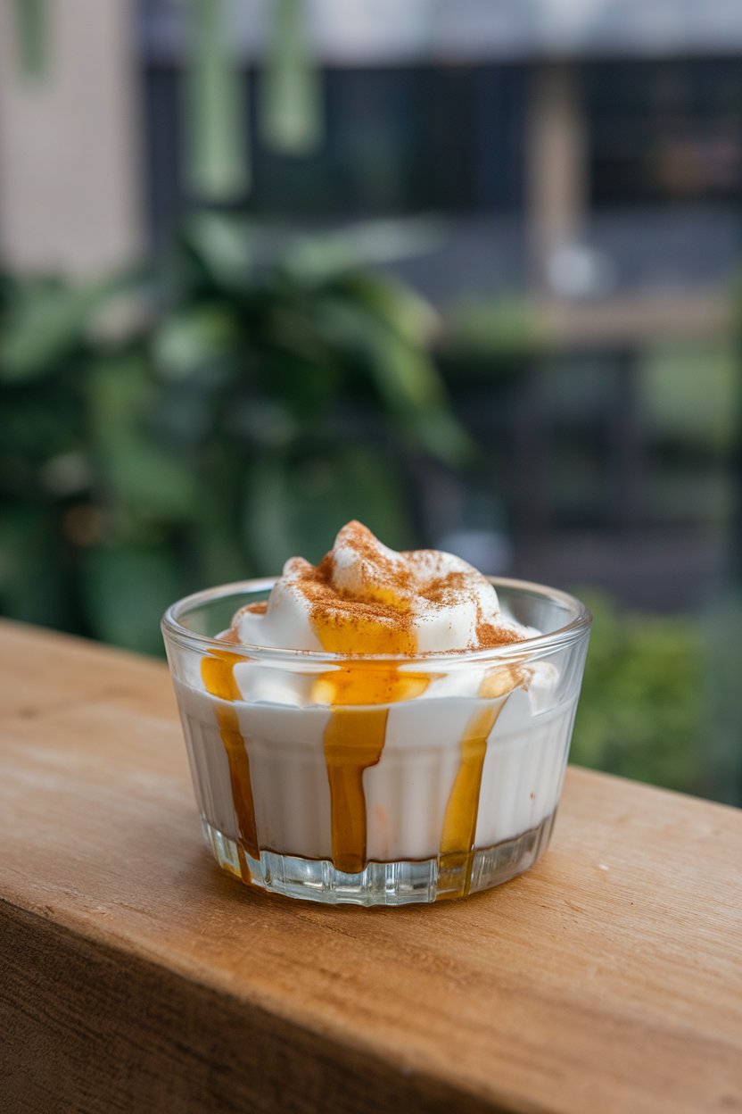 A small glass bowl indoors containing thick Greek yogurt drizzled with amber honey and lightly dusted with cinnamon. No text or logos. Photo.