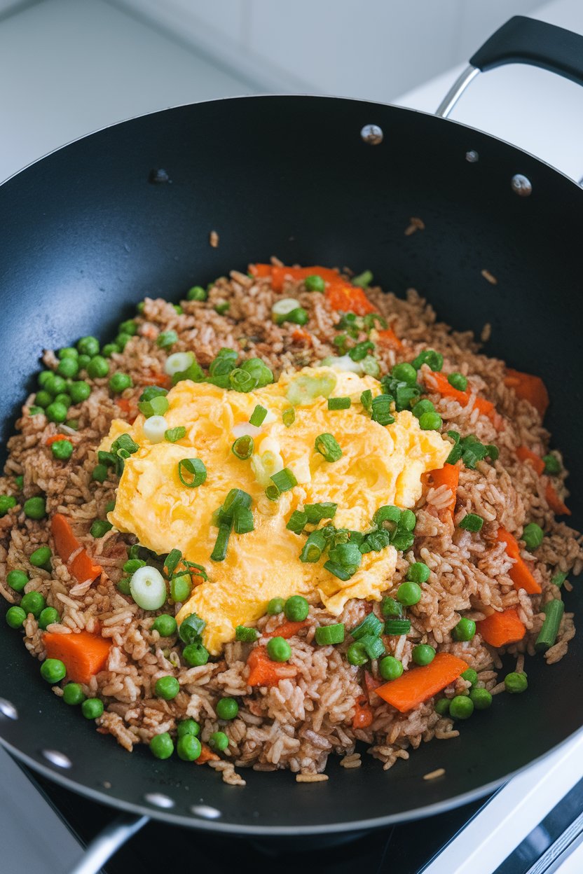 An indoor wok containing brown rice stir-fried with peas, carrots, scrambled egg, and green onions. No text or logos; photo only.