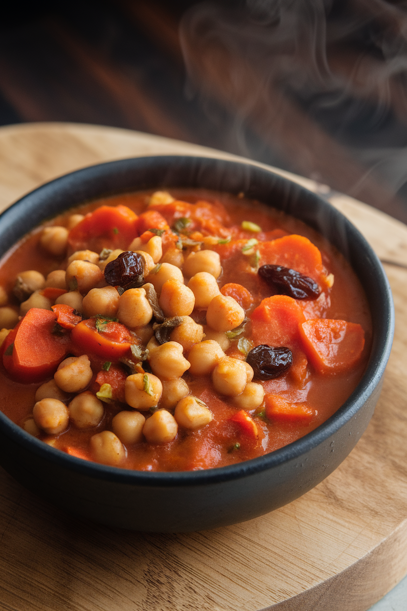 An indoor bowl brimming with tomato-based chickpea stew featuring carrots, raisins, and warm spices, steam visible. No text or logos anywhere.