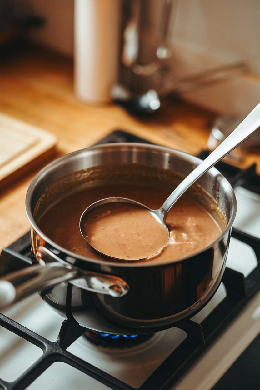 Indoor stovetop saucepan of silky brown gravy with a ladle resting inside, warm lighting. No text or logos. Photo only.