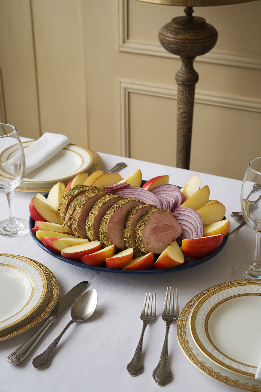 An indoor dining table showing sliced pork tenderloin coated in herb crust, surrounded by wedges of roasted apples and red onion. No text or logos. Photo.