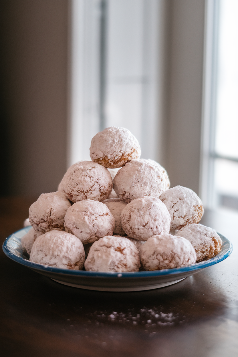 A ceramic plate on an indoor dining table piled high with powdered-sugar covered snowball cookies, a few crumbs visible, gentle window light. No text or logos, photo only.
