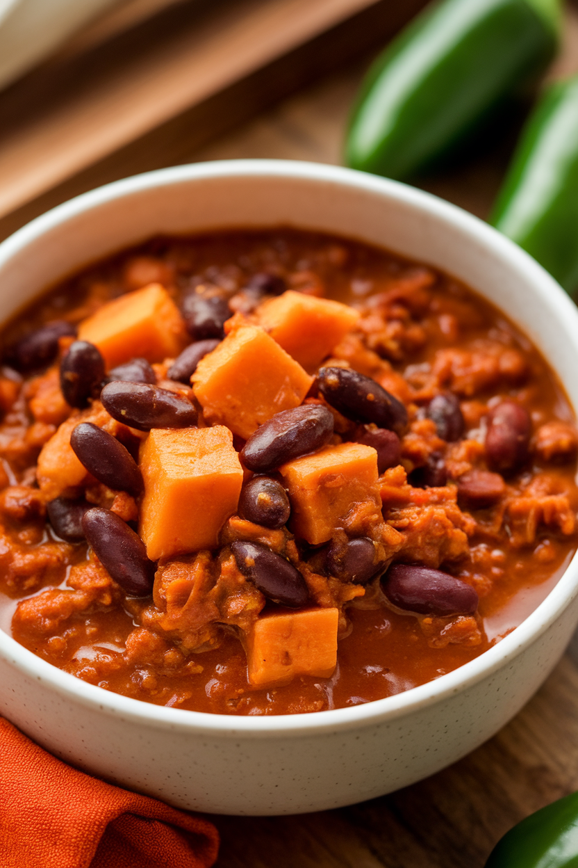 Indoor photo of thick chili with sweet potato cubes and black beans, smoky red color, no text or logos.