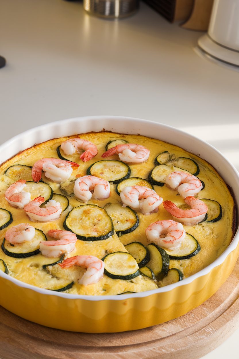 Indoor baking dish photo of golden frittata studded with zucchini rounds and cooked shrimp, sliced into portions; bright kitchen light, no text or logos.