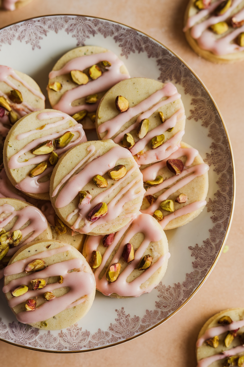 Round shortbread cookies dotted with pistachios, light pink rosewater glaze drizzled, arranged indoors on a porcelain plate. No text or logos.