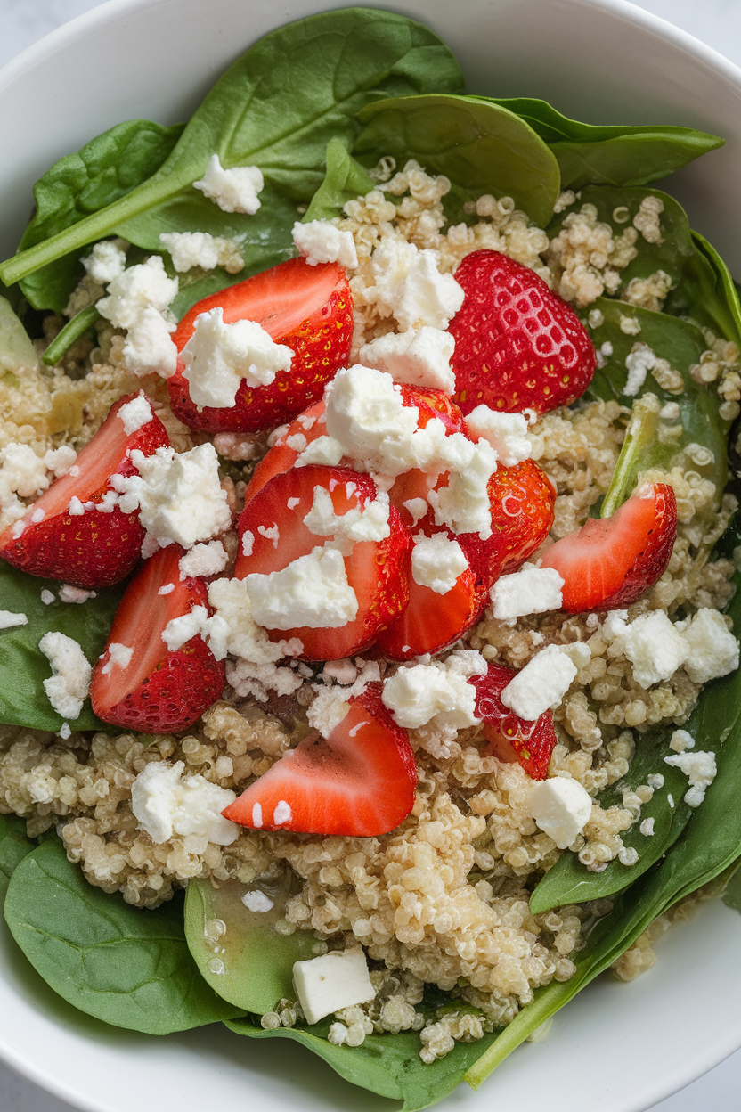 Bowl indoors of baby spinach leaves, cooked quinoa, sliced strawberries, and feta crumbles, light dressing sheen. No logos or text. Photo only.