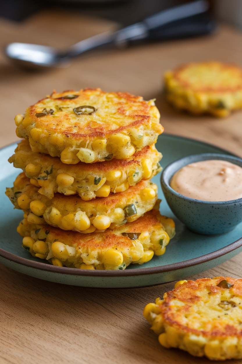 An indoor plate stacked with golden corn fritters flecked with jalapeño, a small dish of creamy dipping sauce beside them. This should be a photo, not an illustration. No text or logos anywhere in the scene.
