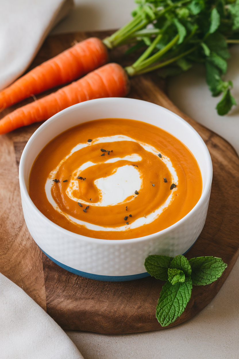 Indoor photo of creamy orange carrot soup in a white bowl with a swirl of coconut milk, no text or logos.