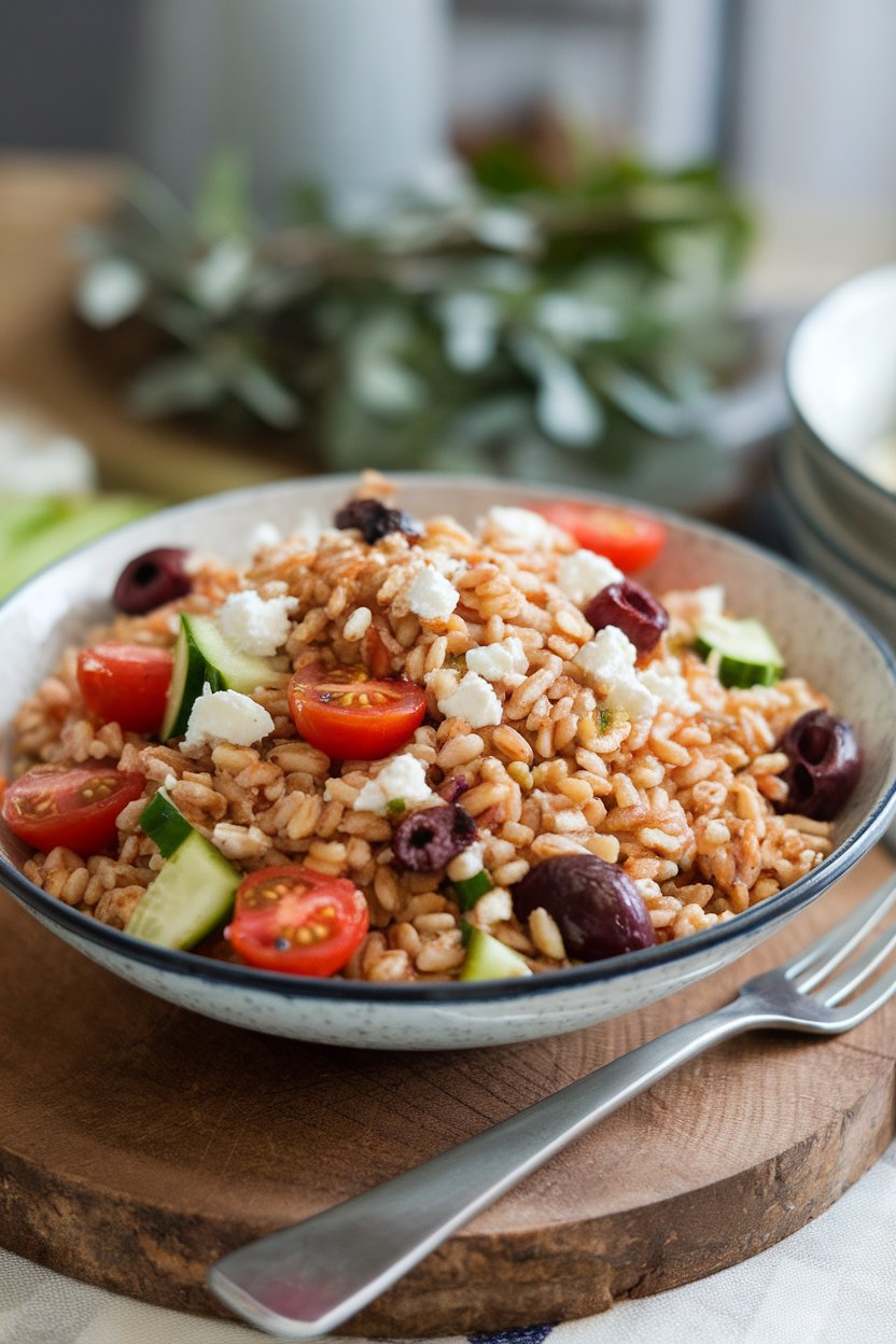 A shallow indoor serving bowl filled with farro tossed with cherry tomatoes, olives, cucumbers, and crumbled feta. No visible text or logos.