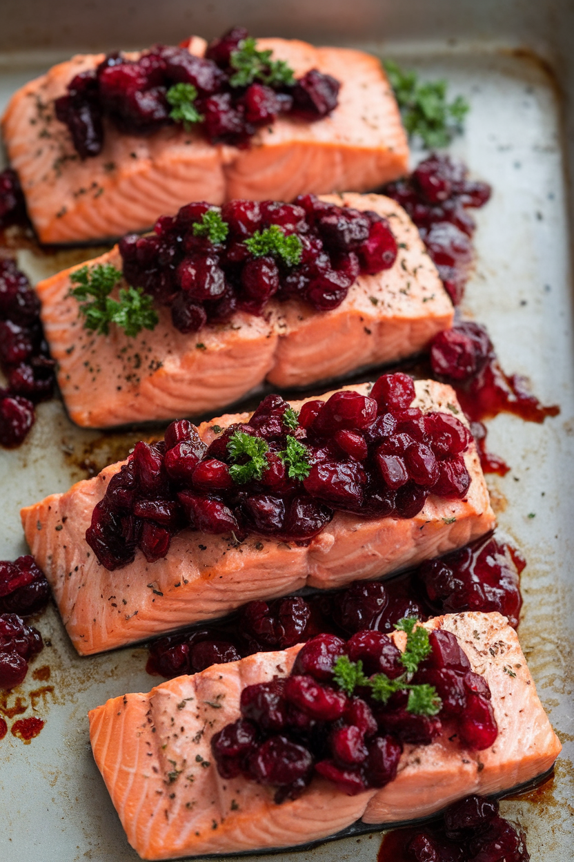 Indoor photo of cooked salmon fillets topped with glossy cranberry compote on a sheet pan, garnished with parsley, no raw fish, no text or logos