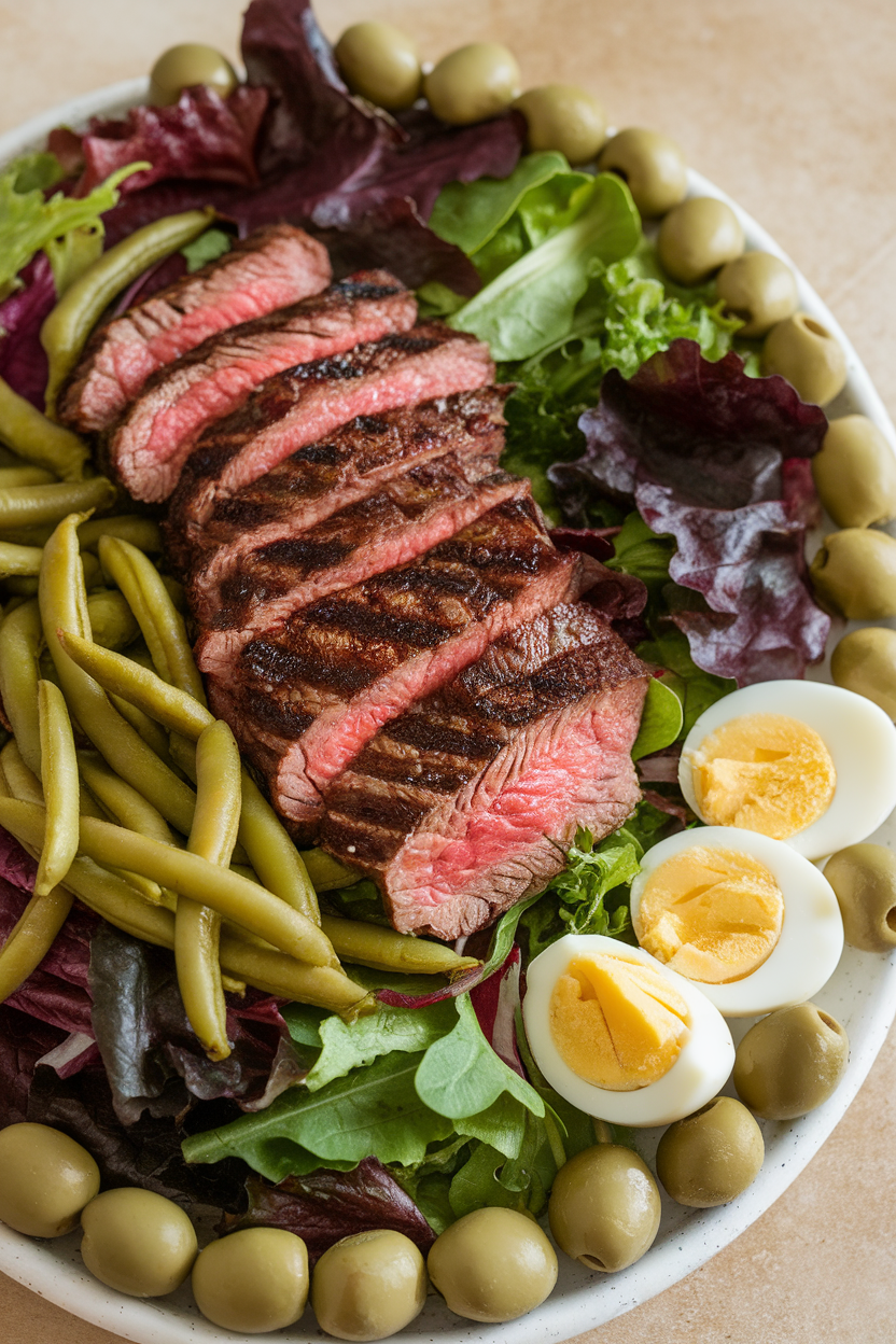 Indoor platter of mixed greens with grilled steak, green beans, olives, and hard-boiled egg wedges. No text or logos; photo.