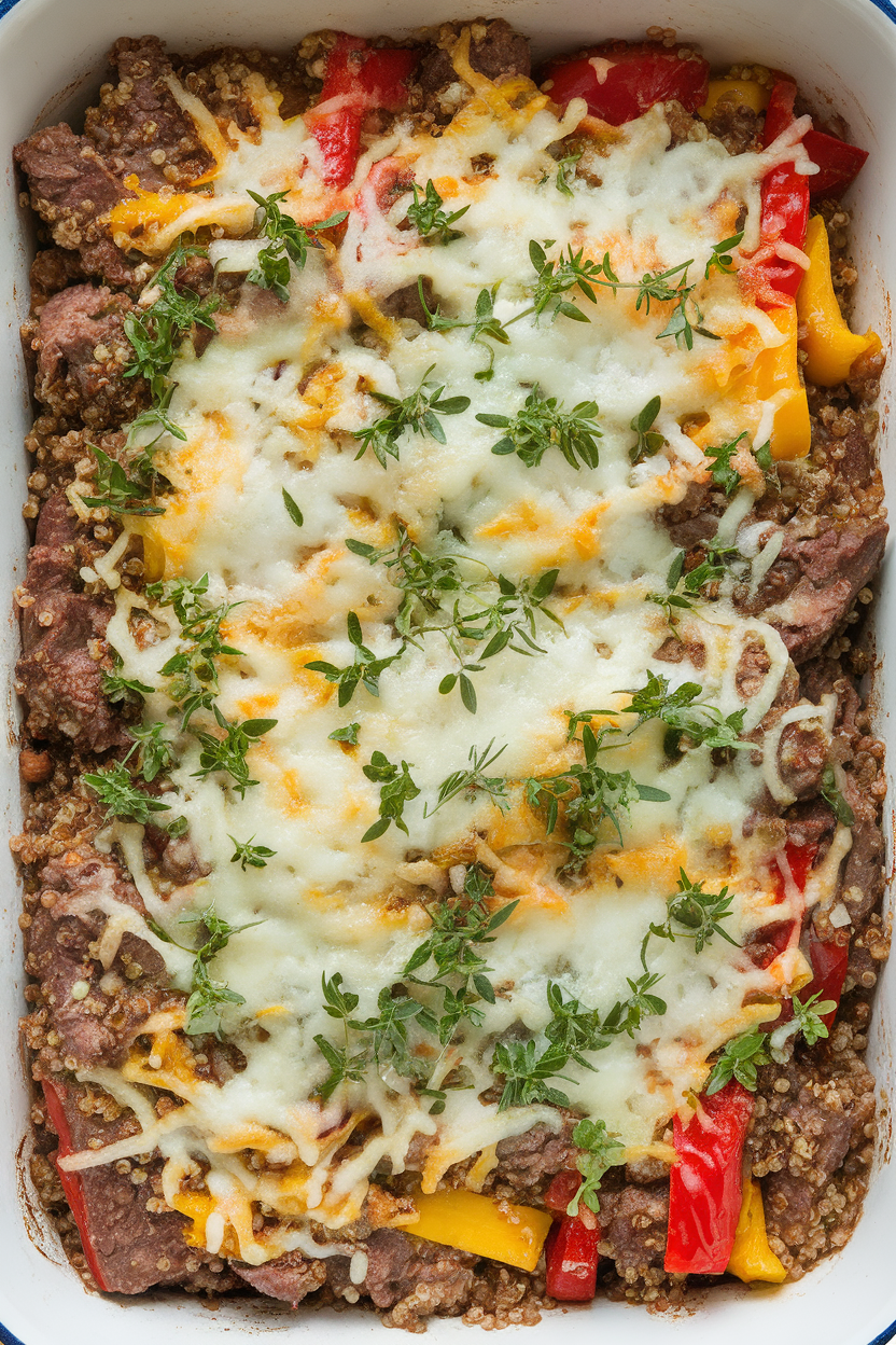 Indoor casserole dish of red and yellow peppers filled with beef, quinoa, and herbs, cheese lightly bubbled—no text or logos.