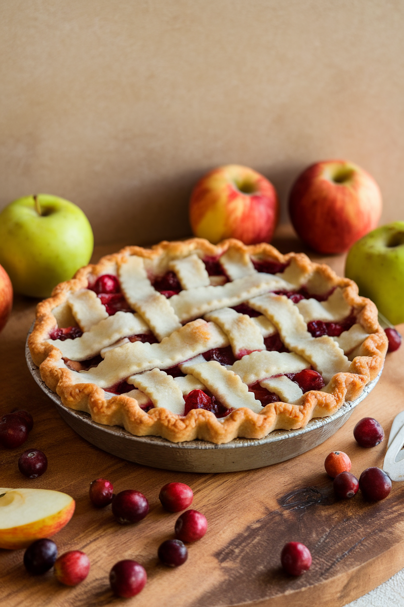 Indoor shot of lattice-topped apple cranberry pie with juices bubbling, no text or logos.