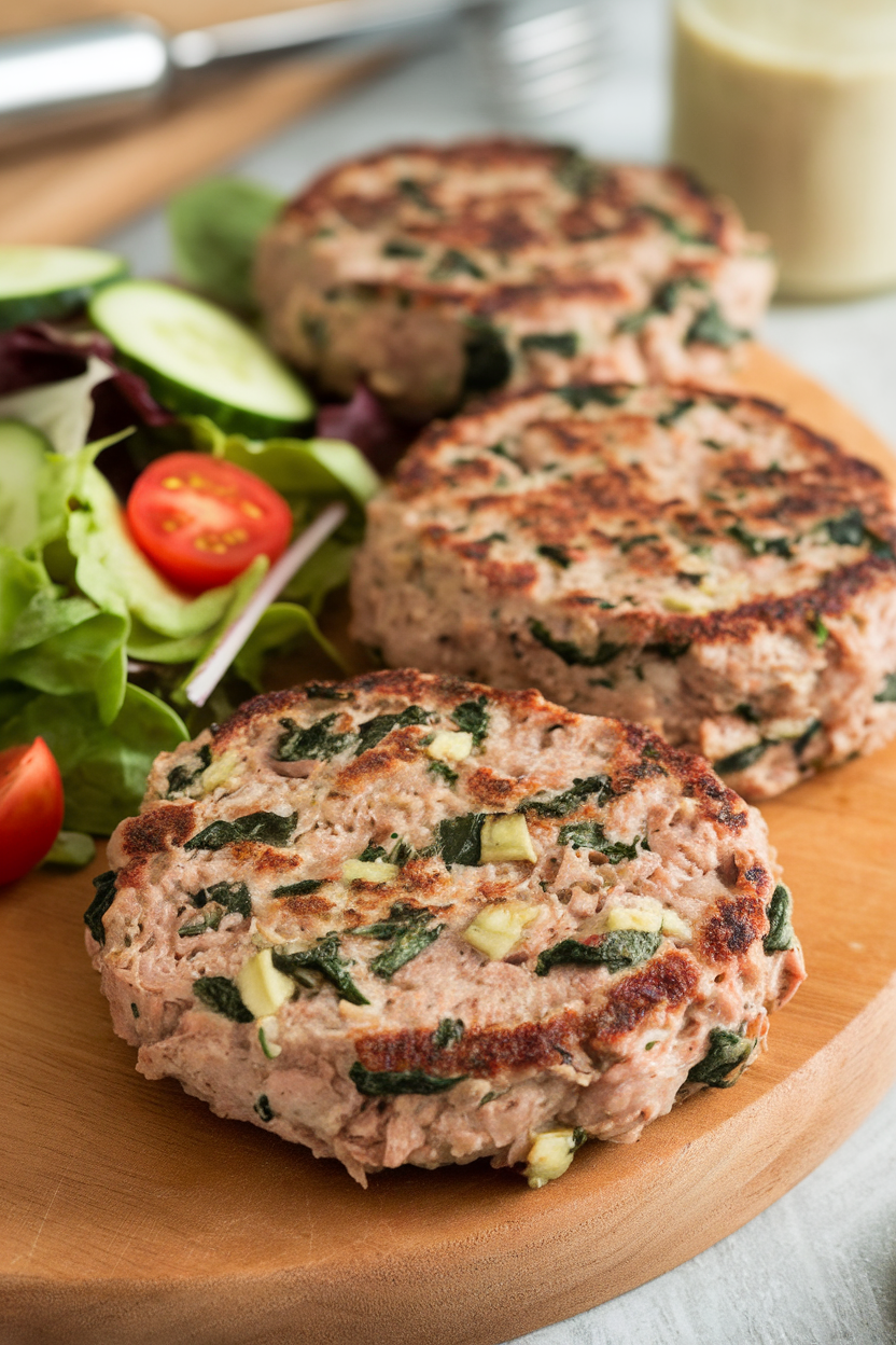 Indoor photo of bunless turkey patties speckled with chopped spinach and artichoke, served with a side salad. No text or logos.