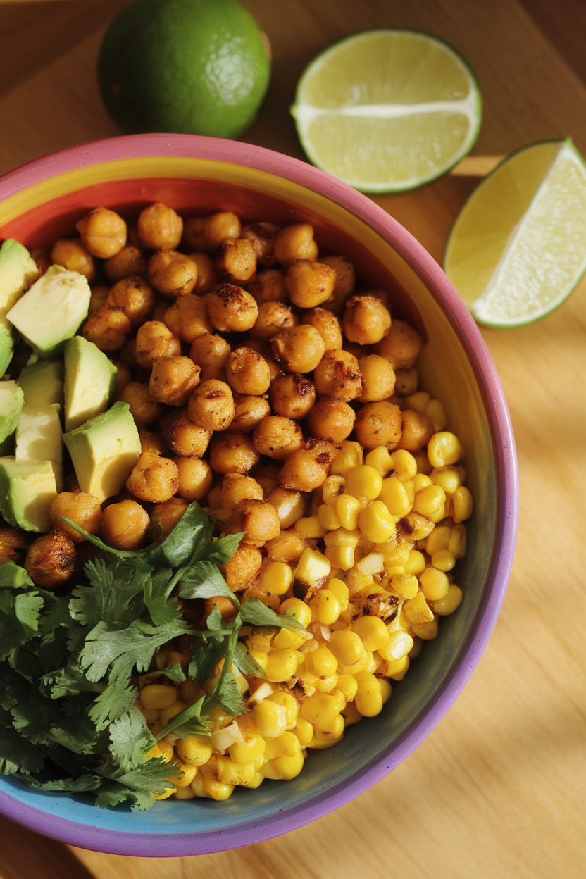 Indoor photo of roasted chickpeas, grilled corn kernels, avocado chunks, and chopped cilantro in a colorful bowl with lime wedges. Warm overhead light, no text or logos.